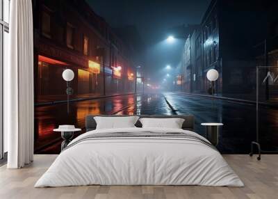 Night city street in a foggy day with wet pavement and cars Wall mural