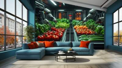 Robotic arms sorting fresh produce on a conveyor belt in a futuristic factory. Wall mural