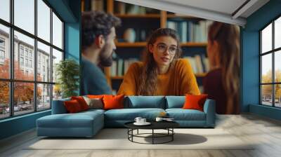 Three Friends Having a Conversation in a Library Wall mural