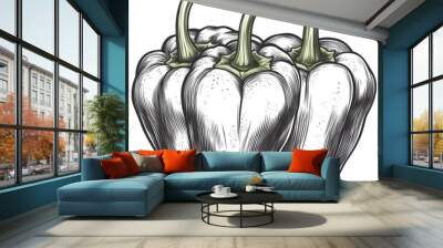 Three hand-drawn white bell peppers with a vintage, sketched style. Wall mural