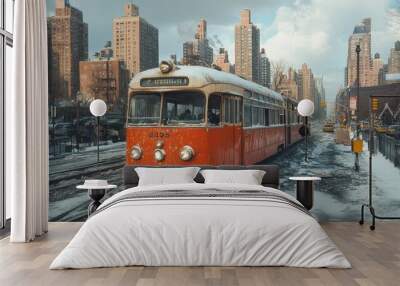 Vintage Tram in Snowy New York City Wall mural