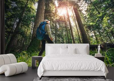  woman hiking through forest Wall mural