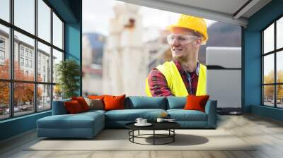 Construction worker with laptop Wall mural