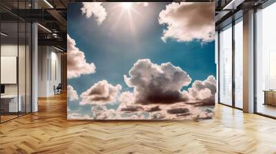 Bright midday sky with fluffy cumulus clouds Wall mural