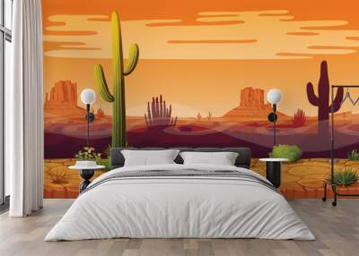 Seamless background of landscape with desert and cactus. Wall mural