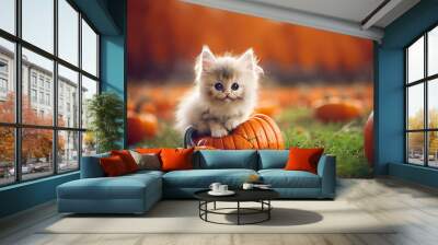 Little fluffy kitten in autumn fall pumpkin patch Wall mural