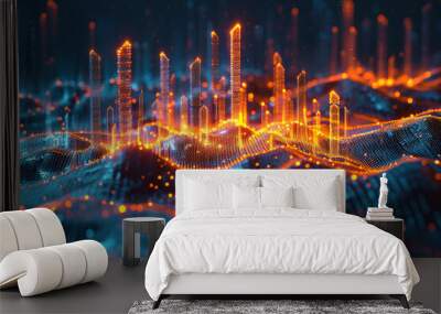 Abstract technology background with network forming waves and bar charts Wall mural