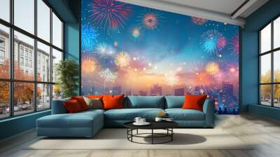 Crowd celebrating with fireworks over city skyline under colorful night sky Wall mural