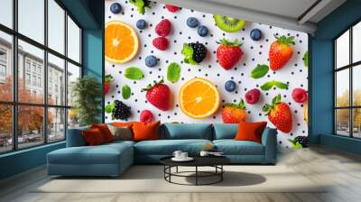 vibrant fresh fruit assortment with colorful berries, citrus, and mint leaves. Wall mural