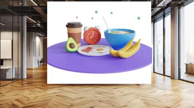 3D Illustration of breakfast at home with cereals, milk and fresh fruit. Set of breakfast on the table . 3D Illustration Wall mural