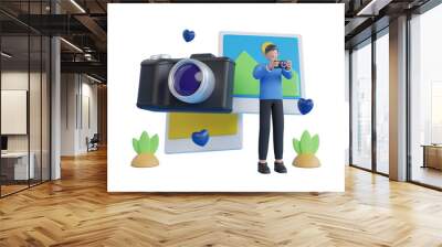 3d illustration of Professional photographer. man taking photo with camera. Professional 3D Photographer Design shoot a picture Wall mural