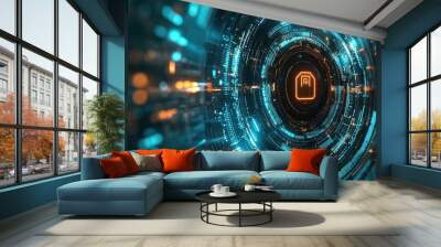 A glowing orange SIM card icon in a futuristic, digital portal Wall mural