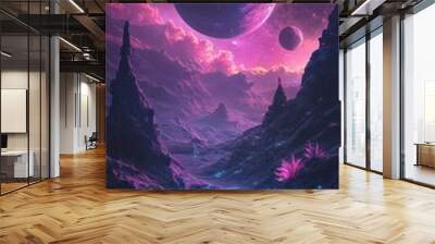 A surreal alien landscape with three moons and glowing plants Wall mural