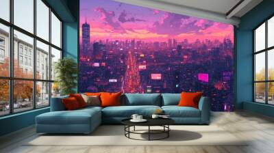 A vibrant cyberpunk cityscape at dusk, illuminated by neon signs and glowing windows. Wall mural