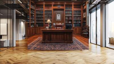 A Wooden Desk and Bookshelves in a Luxurious Library Wall mural