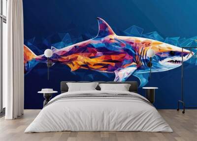 Abstract Polygonal Great White Shark in Blue Water Wall mural