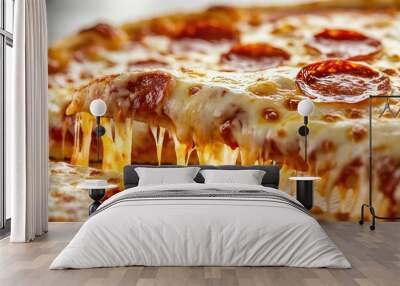 Close-up of a Pepperoni Pizza Slice with Stringy Cheese Wall mural