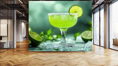 Green Cocktail with Lime Garnish and Ice Cubes Wall mural