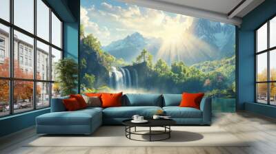 Majestic Waterfall and Mountain Lake in a Lush Forest Wall mural