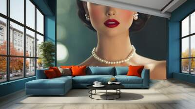 Portrait of a Woman with Red Lipstick and a Pearl Necklace Wall mural