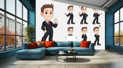 set of young business man cartoon mascot character in black suit premium vector Wall mural