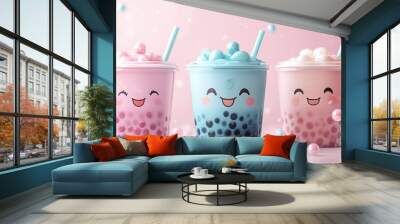 Three Cups of Bubble Tea with Happy Faces Wall mural