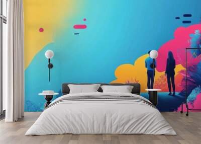 Two Silhouettes Standing on a Colorful Abstract Landscape Wall mural