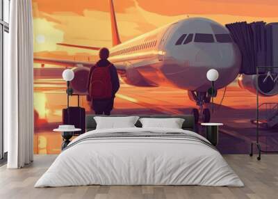 A traveler stands at an airport, gazing at a plane during a vibrant sunset. Wall mural