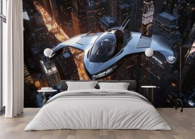 Futuristic Flying Car Over Cityscape Wall mural