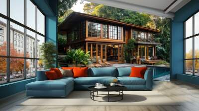 Modern Wooden House with Pool Wall mural