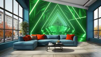 3d render. Abstract green neon background with triangular shape, laser rays and glowing lines Wall mural