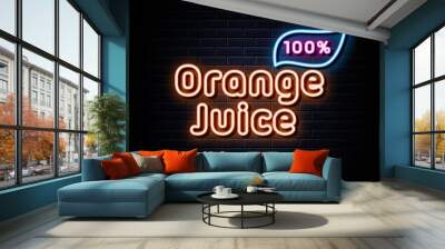 100 percent orange juice neon sign. neon style Wall mural