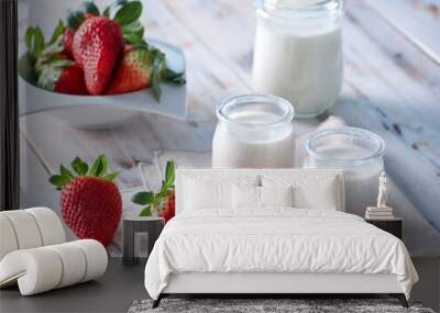 fresh strawberries, natural yogurt and a glass of milk Wall mural