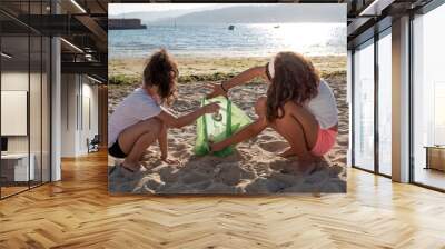 two young girls on the beach collecting plastics Wall mural