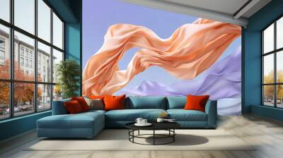 Soft peach-colored fabric floating gracefully against a clear blue sky, creating a sense of elegance and freedom. Ideal for backgrounds, fashion, design, and minimalist concepts. Wall mural