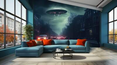 Alien spaceship over a city street at night Wall mural