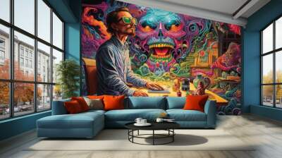 Hipster man sitting at the table in front of colorful psychedelic backgorund Wall mural