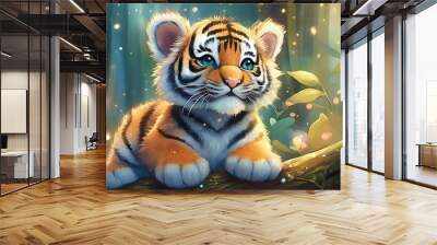 A Detailed Illustration of a print of a cute colorful baby tiger Wall mural