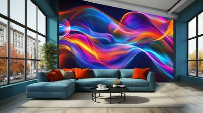 Vibrant abstract wave of colorful light flows in a dark background, creating a mesmerizing visual experience of movement and energy. Wall mural