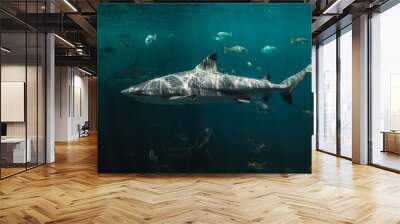 Blacktip reefs shark swimming in deep and dark green water. Wall mural