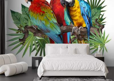 Illustration drawing of green wing macaw birds. Wall mural