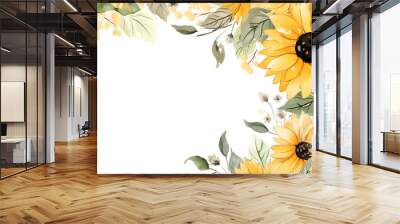 Beautiful sunflowers frame on white background. Watercolor illustration background, Generative AI Wall mural