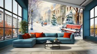 Bench on the road. Cityscape with skyscraper and Christmas tree in modern city on snowvy season to X'mas celebrate. Watercolor illustration background, Generative AI Wall mural