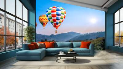 Colorful hot air balloon fly over tea farm with sun rise 2 Wall mural