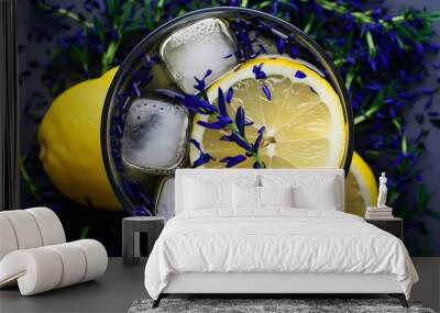 Blue herb and lemon water with ice Wall mural