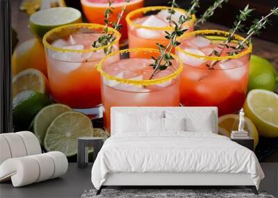 Chilled cocktails with fresh grapefruit juice served with a sprig of thyme and fresh fruit slices refreshing summer cocktails with citrus fruits Wall mural