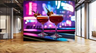 Glasses of cocktails in bar on bright blurred background Wall mural