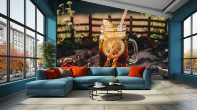 Iced tea with lemon in a jar on a rustic background Wall mural