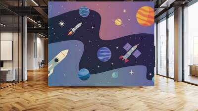 Stylized retro space objects vector seamless background Wall mural