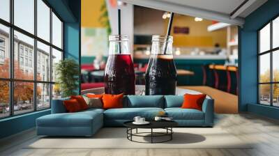 Two glass soft drink with ice in restaurant background Wall mural